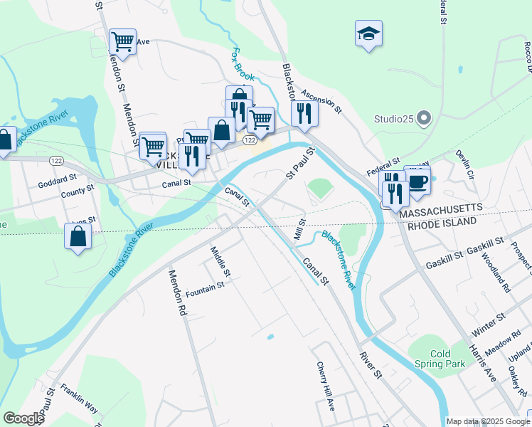 map of restaurants, bars, coffee shops, grocery stores, and more near 26 Canal Street in Blackstone