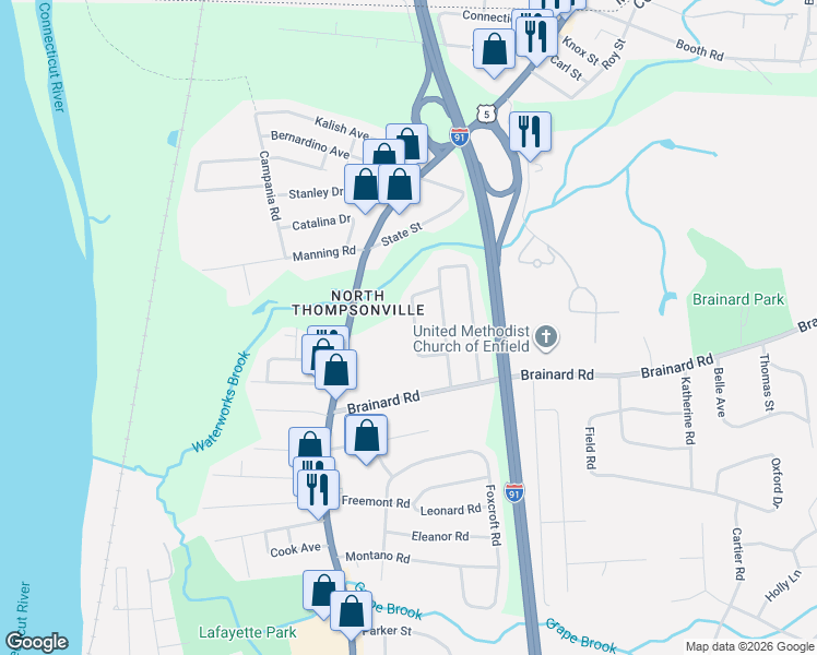 map of restaurants, bars, coffee shops, grocery stores, and more near 13 Impala Drive in Enfield