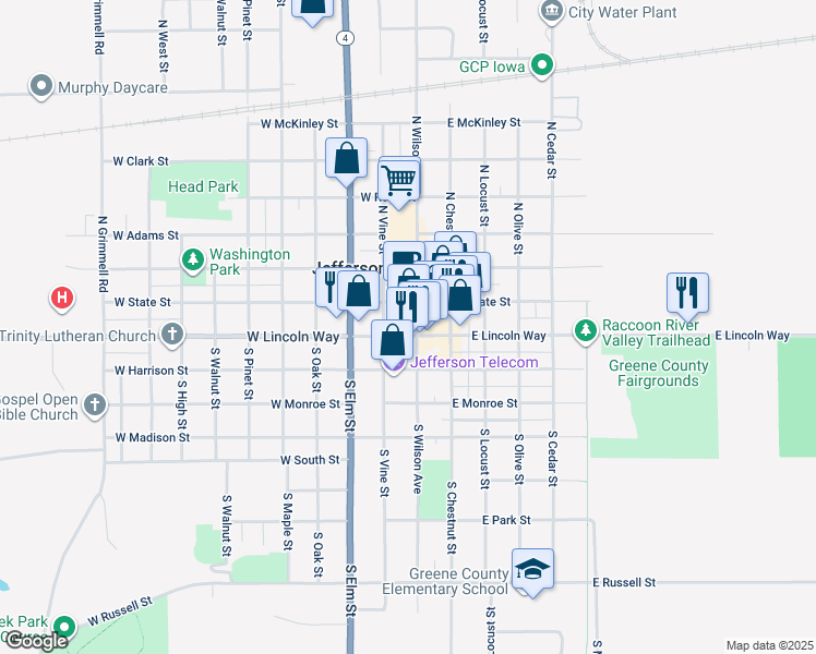 map of restaurants, bars, coffee shops, grocery stores, and more near 115 West Lincoln Way in Jefferson