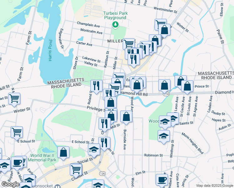 map of restaurants, bars, coffee shops, grocery stores, and more near 1047 Social Street in Woonsocket