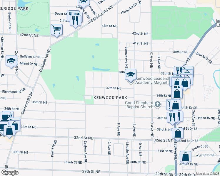 map of restaurants, bars, coffee shops, grocery stores, and more near 725 37th Street Northeast in Cedar Rapids