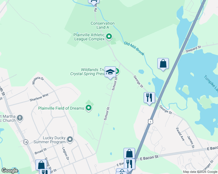 map of restaurants, bars, coffee shops, grocery stores, and more near 90 School Street in Plainville