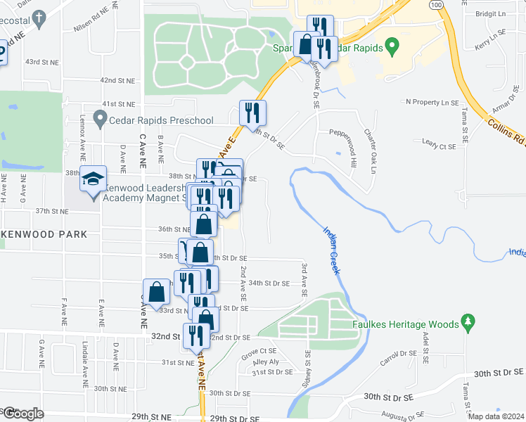 map of restaurants, bars, coffee shops, grocery stores, and more near 243 38th Street Drive Southeast in Cedar Rapids