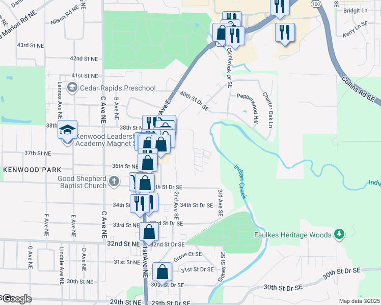 map of restaurants, bars, coffee shops, grocery stores, and more near 255 38th Street Drive Southeast in Cedar Rapids