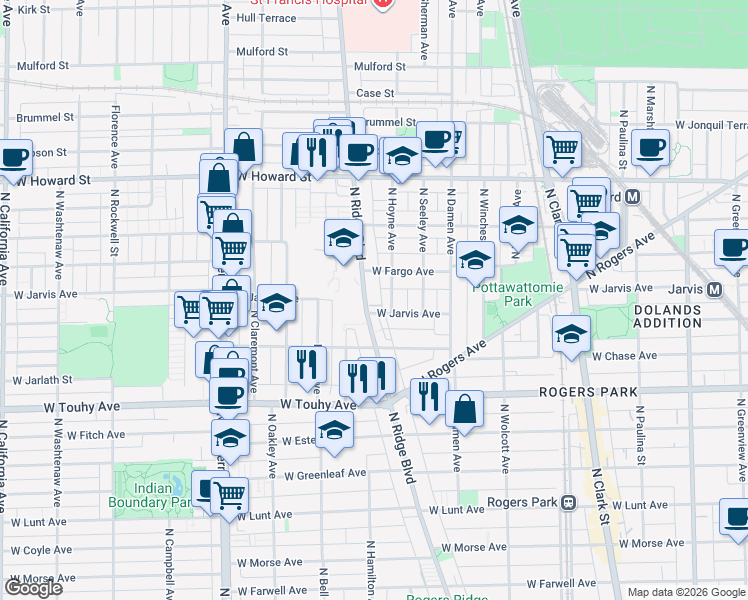 map of restaurants, bars, coffee shops, grocery stores, and more near 7345a West Jarvis Avenue in Chicago