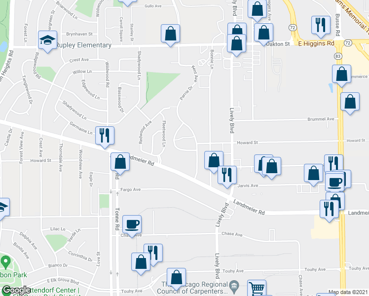 map of restaurants, bars, coffee shops, grocery stores, and more near 900 Landmeier Road in Elk Grove Village
