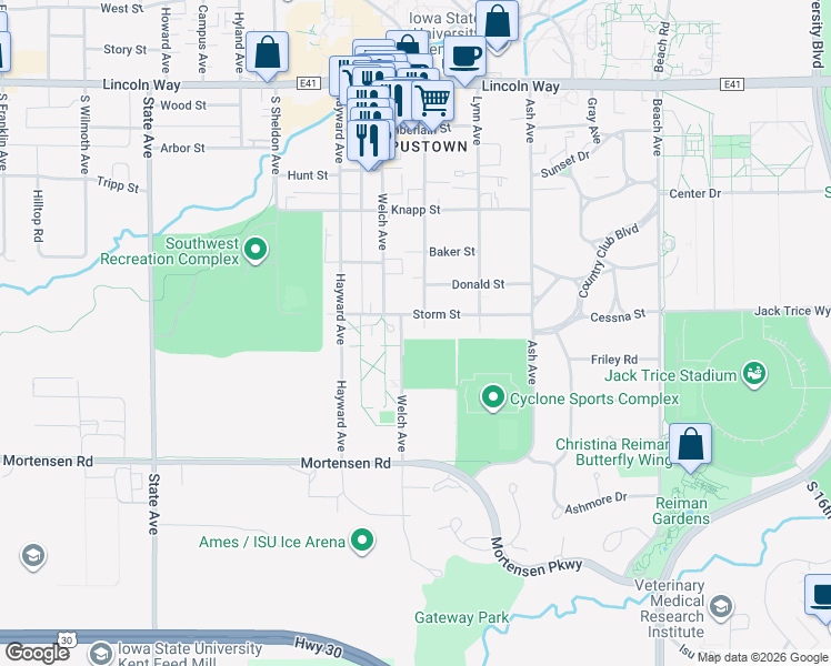 map of restaurants, bars, coffee shops, grocery stores, and more near in Ames