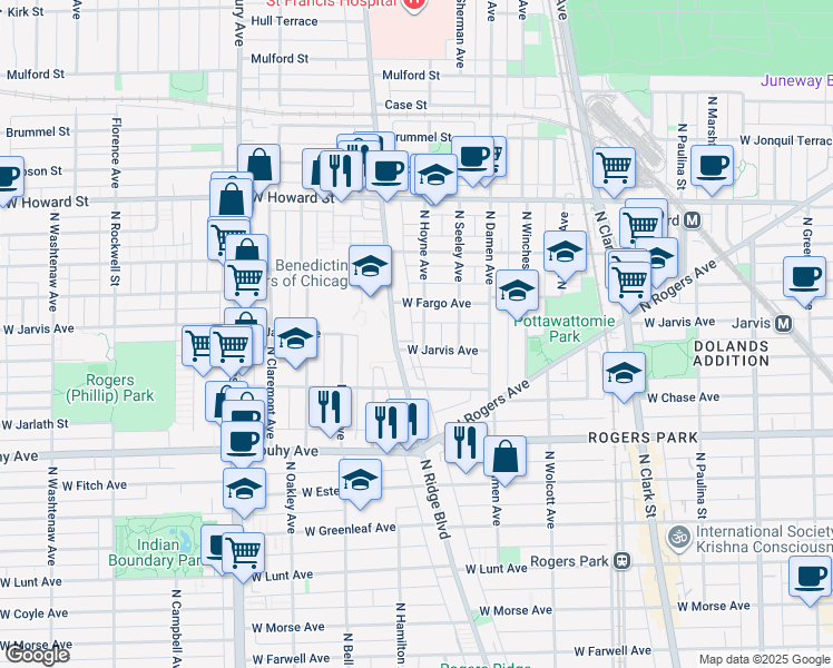 map of restaurants, bars, coffee shops, grocery stores, and more near 7345a West Jarvis Avenue in Chicago
