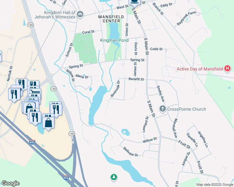 map of restaurants, bars, coffee shops, grocery stores, and more near 8 Basin Street in Mansfield