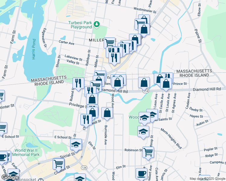 map of restaurants, bars, coffee shops, grocery stores, and more near Diamond Hill Road & Wood Avenue in Woonsocket