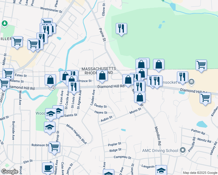 map of restaurants, bars, coffee shops, grocery stores, and more near 33 Theresa Marie Avenue in Woonsocket