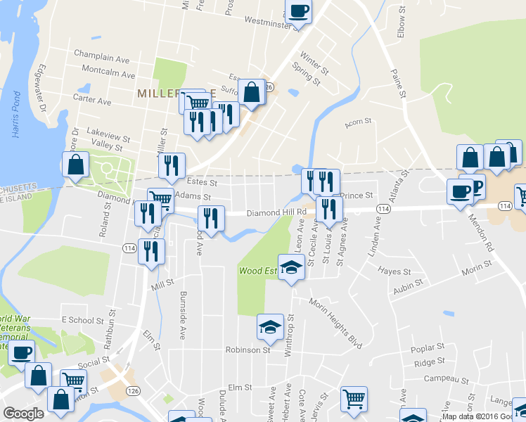 map of restaurants, bars, coffee shops, grocery stores, and more near 651 Diamond Hill Road in Woonsocket