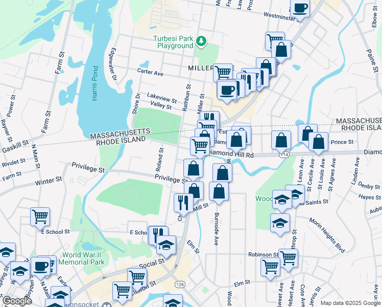 map of restaurants, bars, coffee shops, grocery stores, and more near 1047 Social Street in Woonsocket