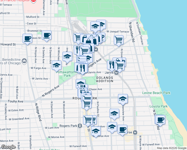 map of restaurants, bars, coffee shops, grocery stores, and more near 1736 West Jarvis Avenue in Chicago