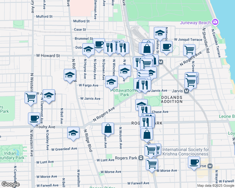 map of restaurants, bars, coffee shops, grocery stores, and more near 7340 North Rogers Avenue in Chicago