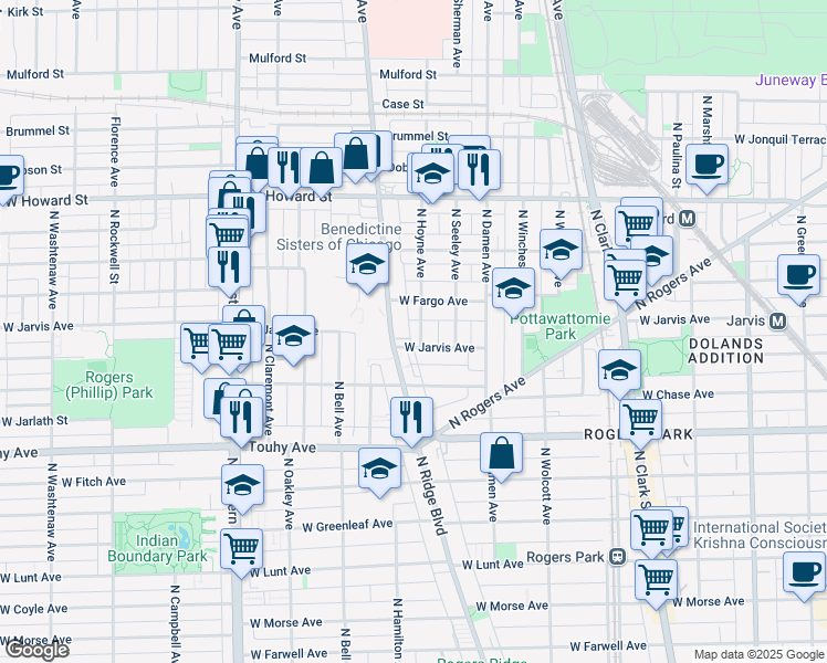 map of restaurants, bars, coffee shops, grocery stores, and more near 7345a West Jarvis Avenue in Chicago