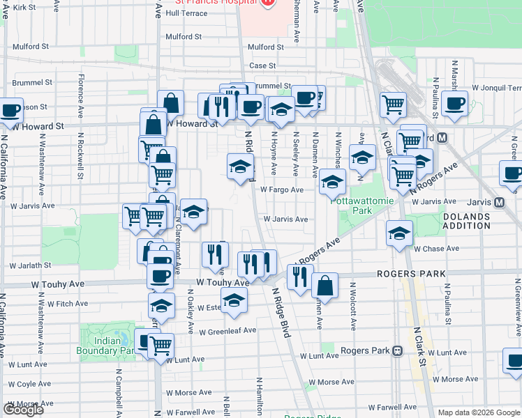 map of restaurants, bars, coffee shops, grocery stores, and more near 7345a West Jarvis Avenue in Chicago
