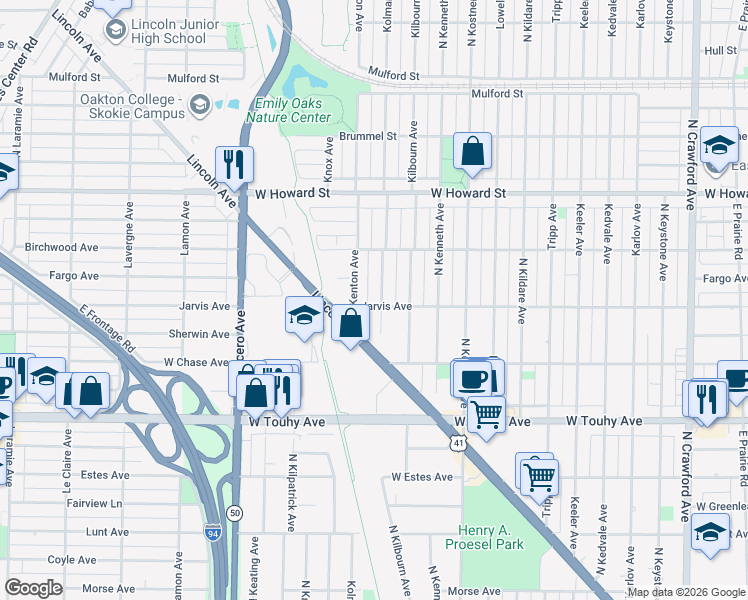 map of restaurants, bars, coffee shops, grocery stores, and more near 4565 Jarvis Avenue in Lincolnwood