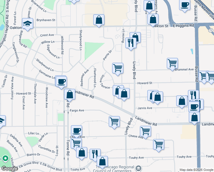 map of restaurants, bars, coffee shops, grocery stores, and more near 900 Landmeier Road in Elk Grove Village