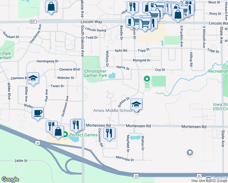 map of restaurants, bars, coffee shops, grocery stores, and more near 800 Pinon Drive in Ames