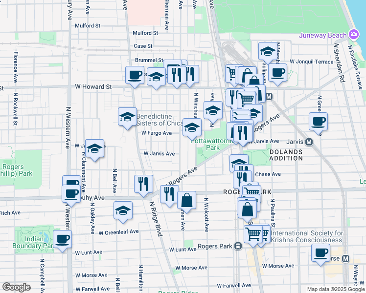 map of restaurants, bars, coffee shops, grocery stores, and more near 7330 North Winchester Avenue in Chicago