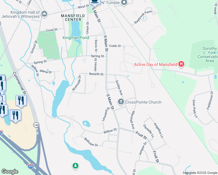 map of restaurants, bars, coffee shops, grocery stores, and more near 3 Chestnut Street in Mansfield