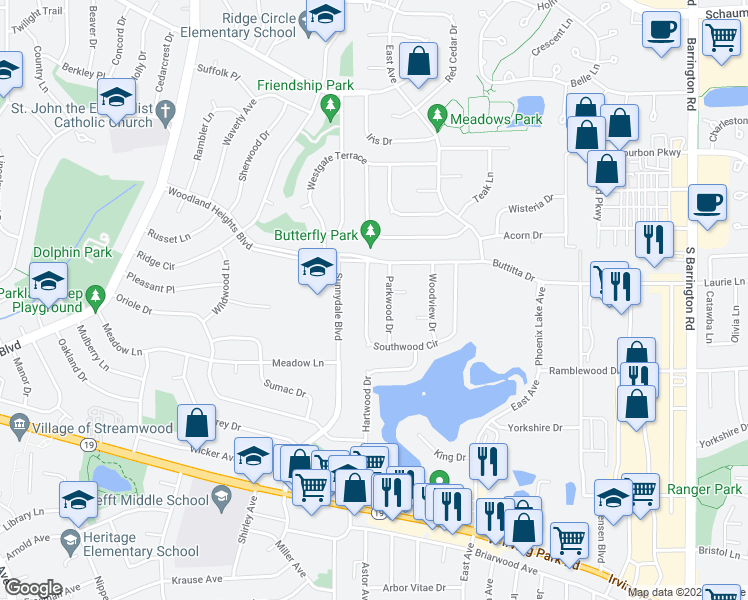 map of restaurants, bars, coffee shops, grocery stores, and more near 113 Southwood Circle in Streamwood