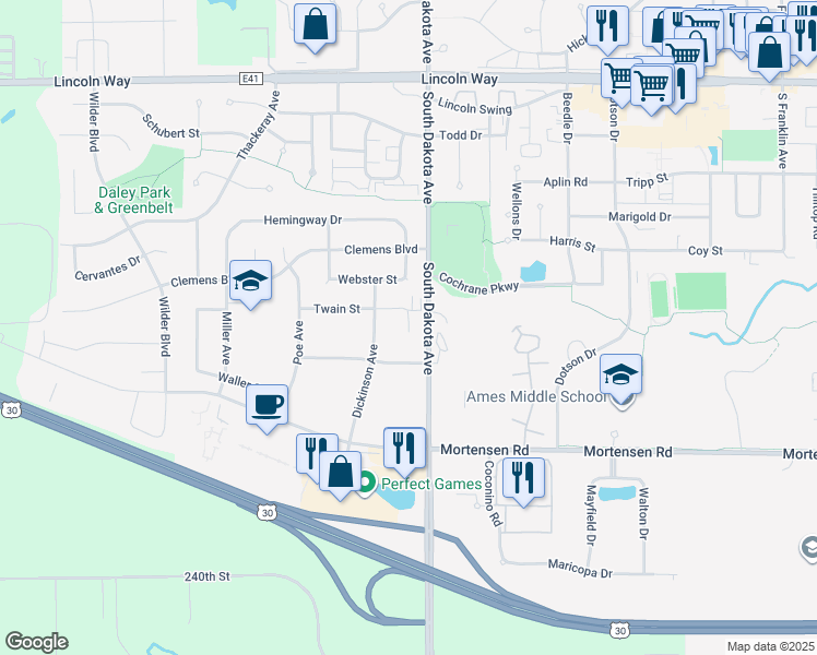 map of restaurants, bars, coffee shops, grocery stores, and more near 4525 Steinbeck Street in Ames