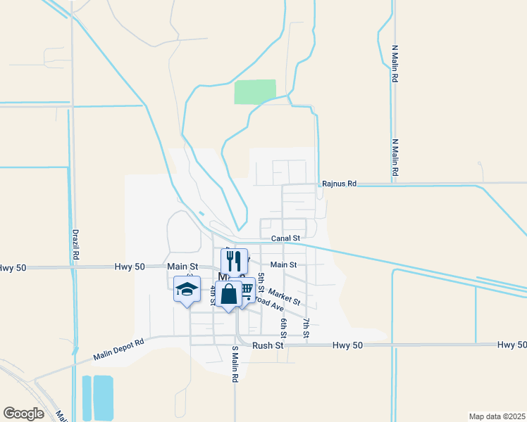 map of restaurants, bars, coffee shops, grocery stores, and more near 2745 5th Street in Malin