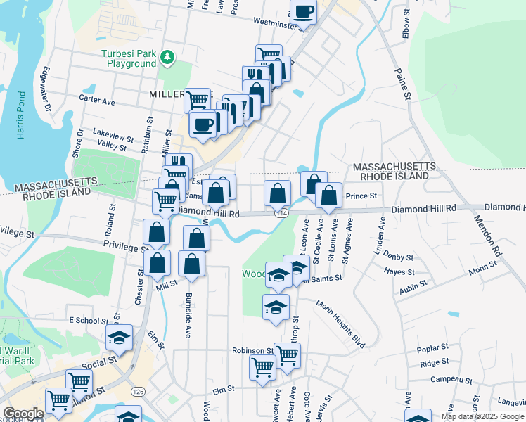 map of restaurants, bars, coffee shops, grocery stores, and more near 642 Diamond Hill Road in Woonsocket