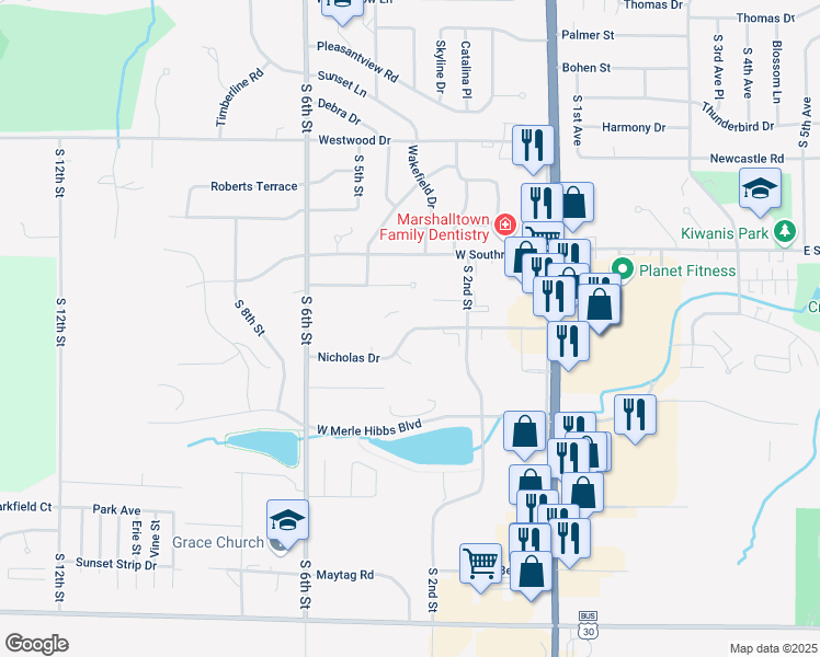map of restaurants, bars, coffee shops, grocery stores, and more near 200 Nicholas Drive in Marshalltown