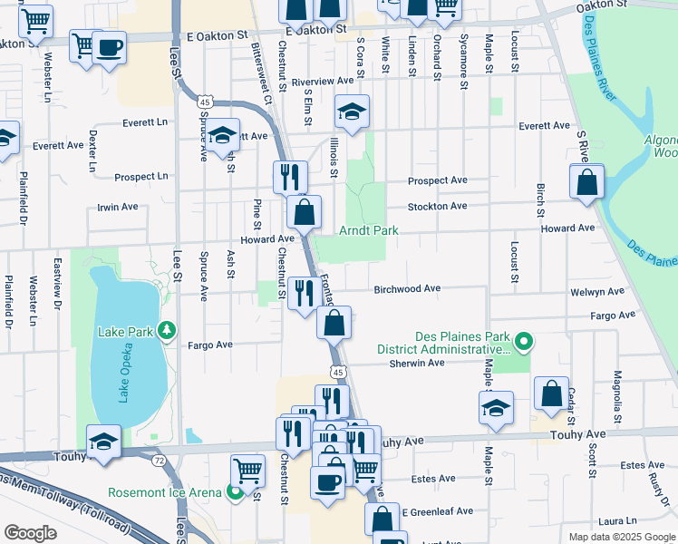 map of restaurants, bars, coffee shops, grocery stores, and more near 1500 Birchwood Avenue in Des Plaines