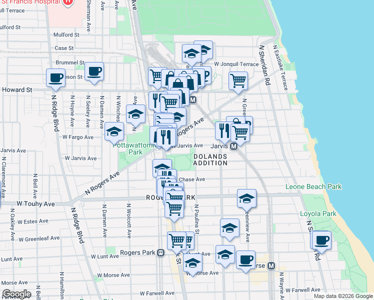map of restaurants, bars, coffee shops, grocery stores, and more near 1711 West Jarvis Avenue in Chicago