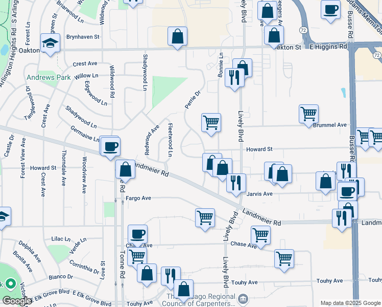 map of restaurants, bars, coffee shops, grocery stores, and more near 700 Perrie Drive in Elk Grove Village