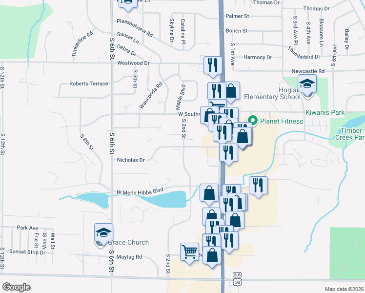 map of restaurants, bars, coffee shops, grocery stores, and more near 206 Nicholas Drive in Marshalltown
