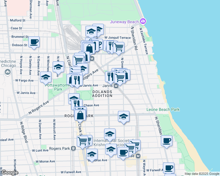 map of restaurants, bars, coffee shops, grocery stores, and more near 7361 North Ashland Avenue in Chicago