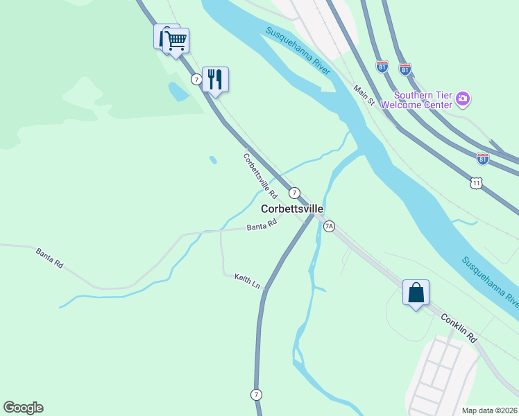 map of restaurants, bars, coffee shops, grocery stores, and more near 343 Banta Road in Conklin