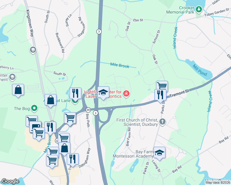 map of restaurants, bars, coffee shops, grocery stores, and more near 20 Tremont Place in Duxbury
