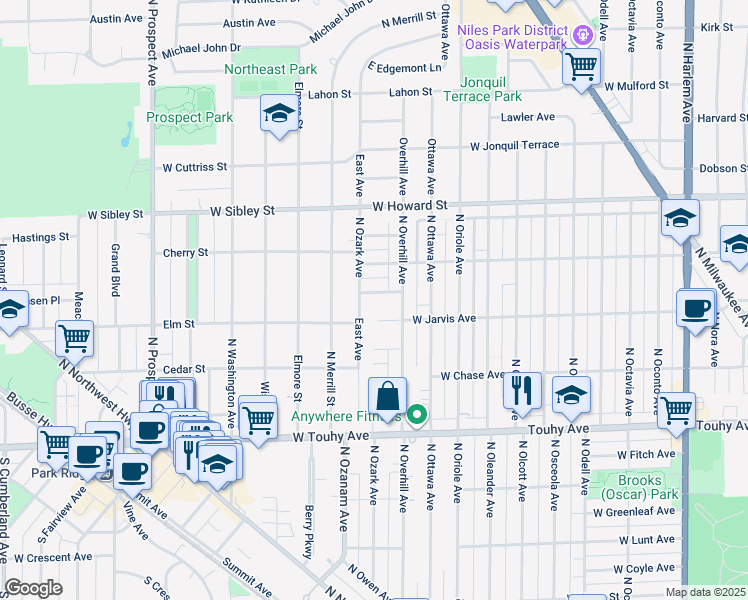 map of restaurants, bars, coffee shops, grocery stores, and more near 301 East Avenue in Park Ridge