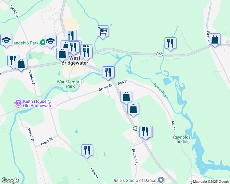 map of restaurants, bars, coffee shops, grocery stores, and more near 5 Leo Park Drive in West Bridgewater