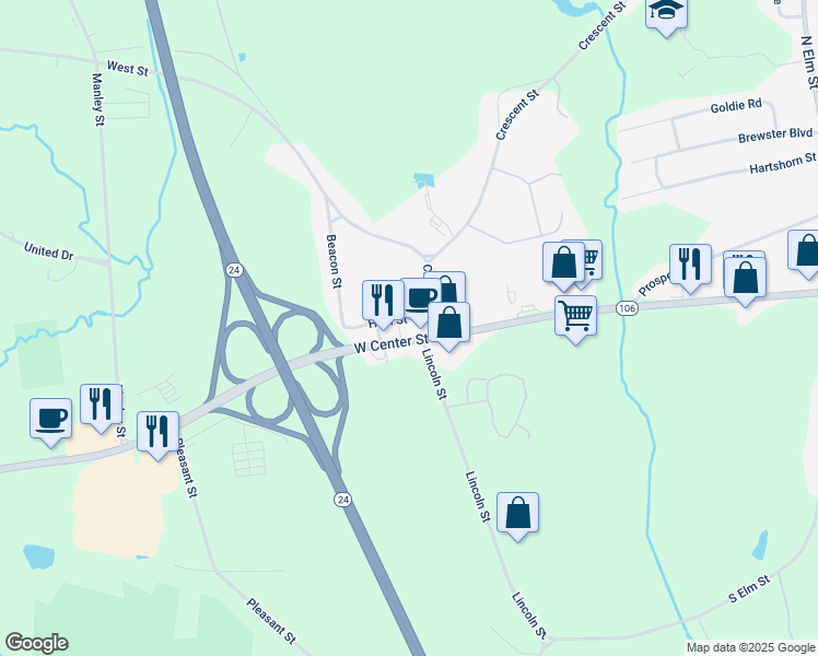 map of restaurants, bars, coffee shops, grocery stores, and more near 470 West Center Street in West Bridgewater