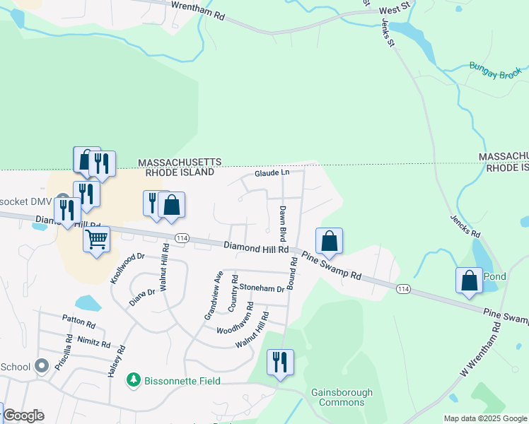 map of restaurants, bars, coffee shops, grocery stores, and more near 5 Star Avenue in Woonsocket