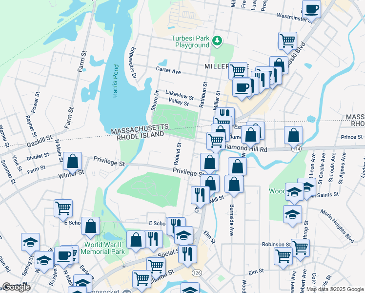 map of restaurants, bars, coffee shops, grocery stores, and more near 63 Roland Street in Woonsocket