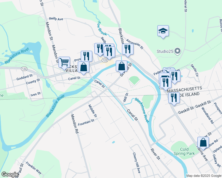 map of restaurants, bars, coffee shops, grocery stores, and more near 26 Canal Street in Blackstone