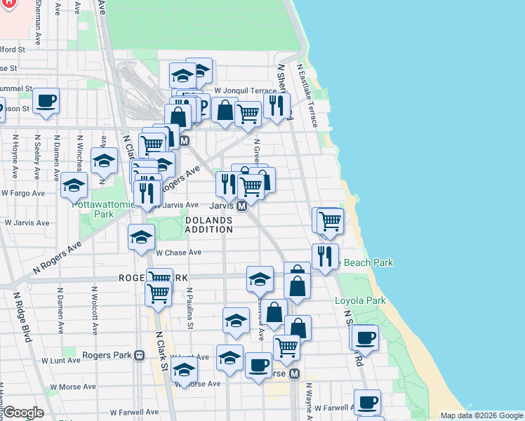 map of restaurants, bars, coffee shops, grocery stores, and more near 1439 West Sherwin Avenue in Chicago
