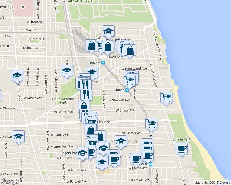 map of restaurants, bars, coffee shops, grocery stores, and more near 1600 West Sherwin Avenue in Chicago