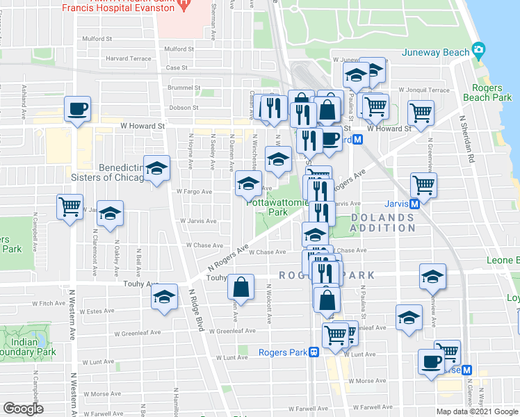 map of restaurants, bars, coffee shops, grocery stores, and more near 7340 North Rogers Avenue in Chicago