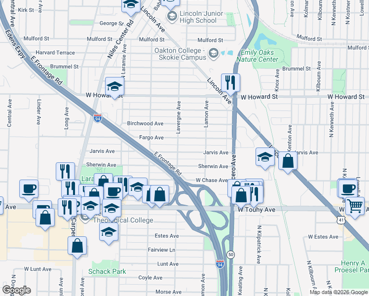 map of restaurants, bars, coffee shops, grocery stores, and more near 4931 Jarvis Avenue in Skokie