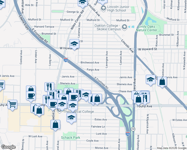 map of restaurants, bars, coffee shops, grocery stores, and more near 5037 Jarvis Avenue in Skokie