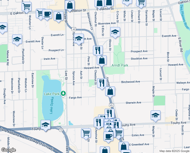 map of restaurants, bars, coffee shops, grocery stores, and more near 2081 Pine Street in Des Plaines